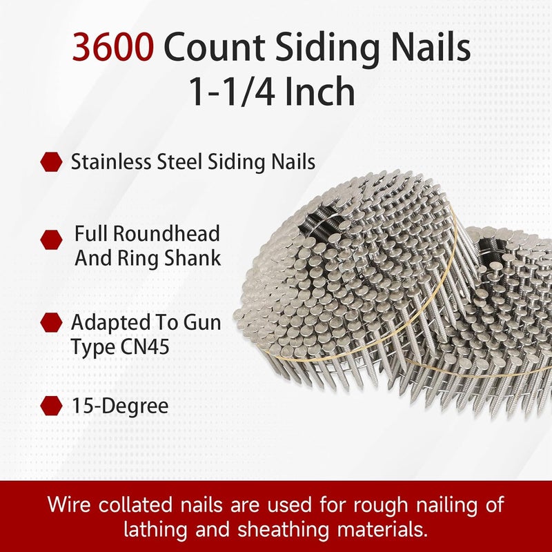 findmall 3600 Count 1-1/4-Inch x .090-Inch Ring Shank 304 Stainless Steel Siding Nails 15-Degree Collated Wire Coil - Image 3